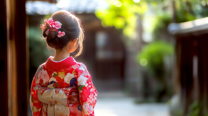 Fototapeta premium Back of Beautiful japanese little girl walking in the garden, wearing japanese traditional kimono costumes in Kyoto autumn, Concept of cultures