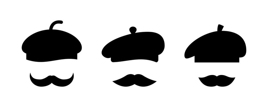Berets with moustaches. Set of three. French style icon. Vintage classic design elements. French style, humor, fashion and cultural identity. Costume design concept. Hipster dandy. Vector illustration