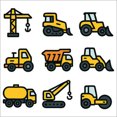 Flat Heavy Equipment Icon Set, Construction Machinery Vector Collection 