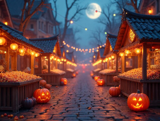 Bright Halloween Market with Glowing Lanterns and Pumpkins