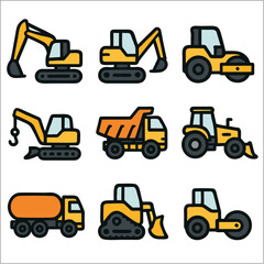 Flat Heavy Equipment Icon Set, Construction Machinery Vector Collection 