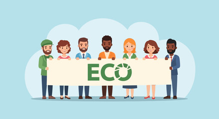Diverse group people holding banner with the word eco and leaf symbol, promoting environmental awareness and sustainability
