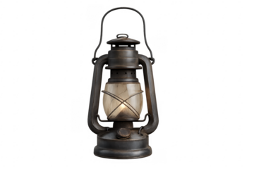 Old oil lamp illuminating vintage metal lantern