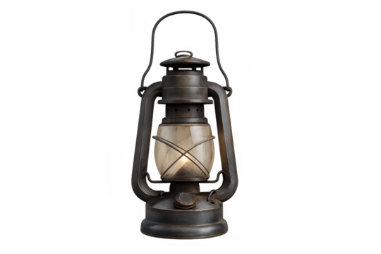 Old oil lamp illuminating vintage metal lantern