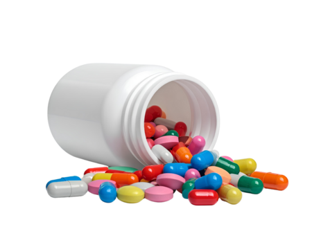 White Plastic Pill Bottle Tipped Over with Colorful Pills Spilled - Stock Photo