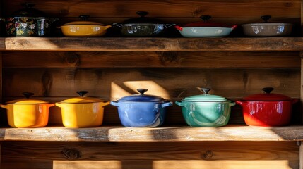 Colorful assorted enameled cast iron cookware on wooden shelf with sunlight