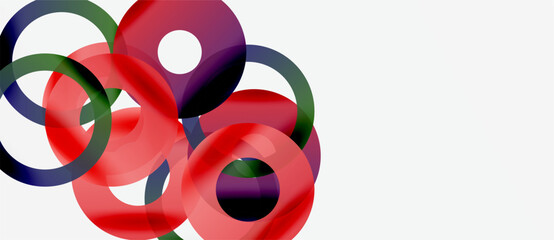 Abstract composition features overlapping colorful circles. Red, green, purple hues create dynamic visual effect. Minimalist design.