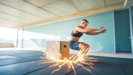 A fit man performs powerful slow-motion box jumps in a modern gym, with glowing energy effects highlighting his explosive strength - Powered by Adobe
