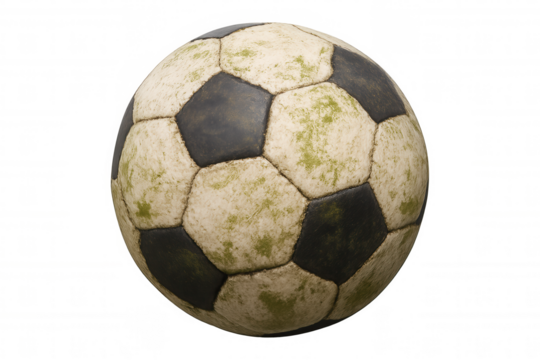 Old dirty soccer ball showing wear and tear, representing vintage football, sports history, and childhood memories