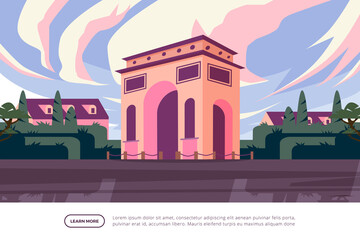 Obraz premium Pink Arc De Triomphe Pixel Art with Sky and Clouds in Background