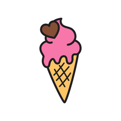 Pink Ice Cream Cone with Brown Heart Topping Isolated on Transparent Background Sweet Dessert Treat Summer Confectionery Illustration