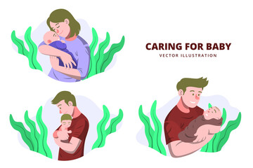 Parental Love Moments Pixel Art Illustrations of Parents Embracing Infants with Green Plants on White