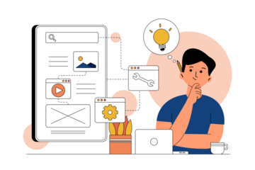 Pensive Man with Lightbulb Thought Bubble Over White Transparent Background Depicts Creative Project Design Layout Idea Process Planning for Mobile Application