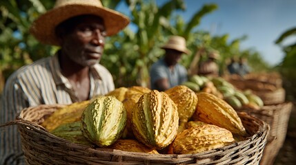 A focused African farmer carries a basket filled with freshly harvested cacao pods in the tropical sunlight.