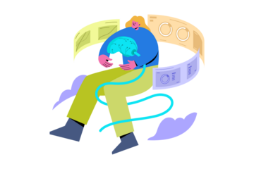 Person Holding a Brain with Digital Screen Displays and Cloud Like Shapes in Flat Style Vector on Transparent Background