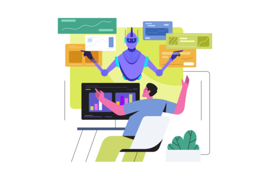 Person Working with Robot Analyzing Charts and Data on Transparent Background Vector Flat Design Illustration Business Technology Workplace Automation - Powered by Adobe