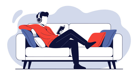 Man relaxing on couch, listening to music with headphones and holding phone, enjoying leisure time at home