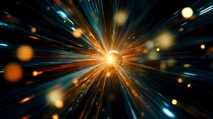 Naklejka premium 입자가속기 안에서 아원자가 광속으로 충돌하는 모습, 초현실적 배경-Subatomic particles collide at the speed of light inside a particle accelerator, a surreal backdrop