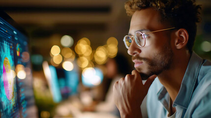 Obraz premium Analyzing data, under soft office light, highlighting concentrated focus and tech setup, serene workplace scene, calm data lighting, with copy space