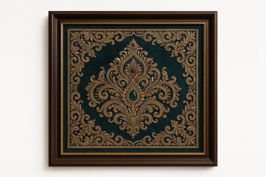 Luxurious zardozi-embroidered wall panel with ornate golden patterns and gemstones on a deep green velvet background