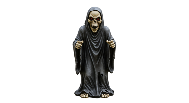 Eerie Skeletal Ghoul Figure with Glowing Red Eyes Reaching Out from Darkness