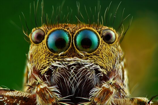 This extreme macro close-up reveals a jumping spider's face, showcasing its prominent, iridescent eyes, hairy body, and intricate details against a blurred green background.