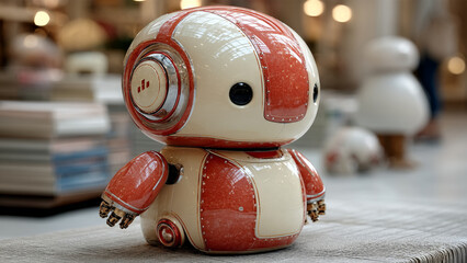 Cute retro robot toy with red and white design