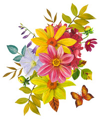 A vibrant autumn bouquet. Pink and yellow dahlias. An arrangement of vibrant dahlias, autumn leaves, and a butterfly. Hand drawn watercolor illustration.