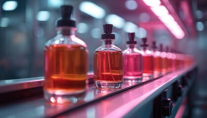 Bottles with colorful liquid move along metal conveyor belt. Glass containers filled with pink, orange liquid. Factory production line with automated equipment. Industrial manufacturing process.