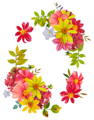 A floral autumn wreath with vibrant dahlias and autumn leaves. Hand drawn watercolor clip art.