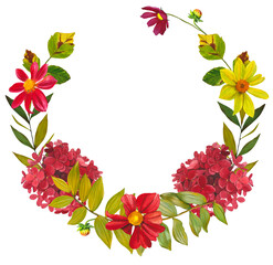 A floral autumn wreath with dahlias, red hydrangea and autumn leaves. Hand drawn watercolor clip art.
