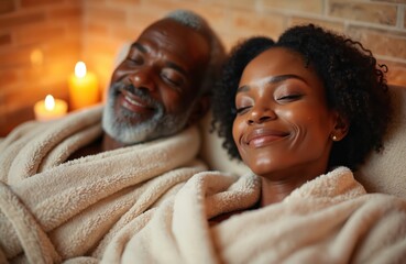 Mature African American couple relax together wrapped in fluffy robes near warm glowing candles. Smiling with eyes closed, enjoy peaceful serene spa retreat. Wellness, love create lasting happiness.