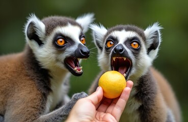 Naklejka premium Two ring tailed lemurs with bright orange eyes eagerly reach for a yellow fruit offered by a human hand. One lemur shows its sharp teeth in anticipation of eating.
