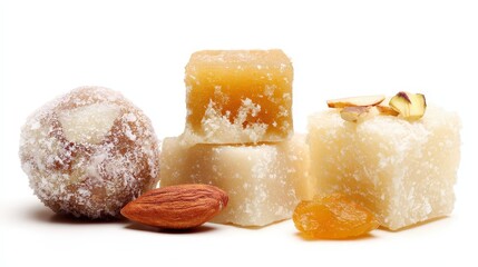 Colorful indian sweets desserts mithai assortment isolated white, traditional treats burfi ladoo gulab jamun for diwali festival celebration cultural cuisine and ethnic food photography
