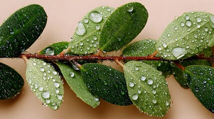 Lush green leaves on a branch glisten with fresh water droplets creating a refreshing natural background.