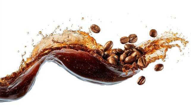 Fresh coffee liquid splashing with roasted beans in motion isolated - dynamic beverage wave, espresso splash, caffeinated drink, morning coffee, aromatic brewing, energy drink photography
