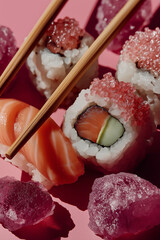 Close-up of sushi rolls topped with red roe, garnished with salmon and cucumber on a pink surface. Fresh and stylized seafood shot with high texture detail.