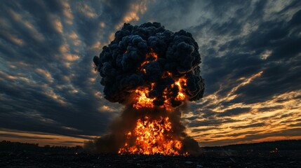 Dramatic explosion creating fiery mushroom cloud at dusk with ominous skies, a powerful visual metaphor for destruction and its aftermath