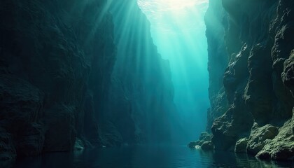 Sunbeams pierce deep blue ocean water illuminating underwater canyon walls. Aquatic landscape shows serene rocky cliffs submerged beneath clear sea surface.