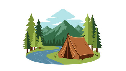 Camping Tent Beside River In Mountain Forest Nature Landscape View