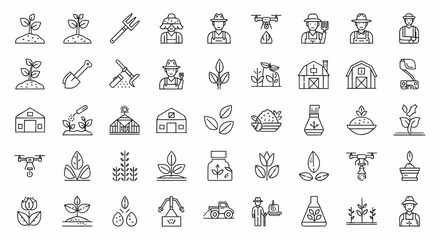 Explore sustainable agriculture with this detailed outline offering of farming, seeds, drones, and farmers, perfect for illustrating modern agricultural practices