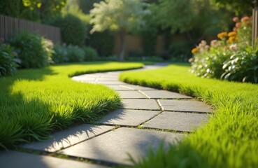 Fototapeta premium Winding stone path leads through bright green lawn in beautiful garden. Neat backyard design features concrete paving slabs. Sun light casts long shadows on manicured outdoor area. Peaceful nature