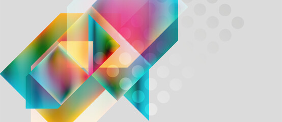 Abstract geometric shapes overlap, creating vibrant color blends. Light gradients, soft edges, modern design elements present.