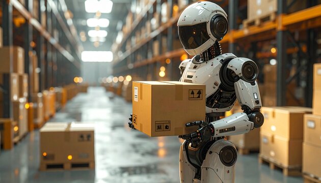 AI-powered humanoid robot revolutionizing warehouse operations, sorting packages in a futuristic automated distribution center