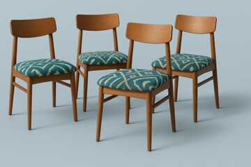 Fototapeta premium Set of four minimalist wooden chairs with teal and beige tribal-patterned upholstery on a light blue background
