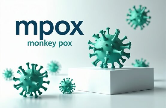 Mpox virus illustration shows disease name text with teal virus particles on white background. Medical graphics identify infectious agent. Health awareness graphics are clean and simple.