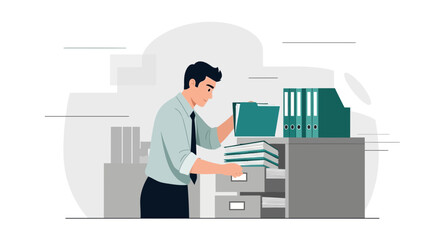 Office Worker Sorting Files and Documents In a Organized Filing Cabinet Illustration