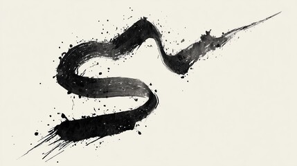 Abstract black and white ink brush strokes forming two flowing waves on white background, traditional Chinese painting style with minimalist design, ink wash technique showing dragon scales and water 