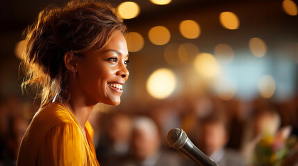 Happy African female business mentor talking to audience during a conference in convention center, under soft stage lighting, highlighting confident delivery and professional prese
