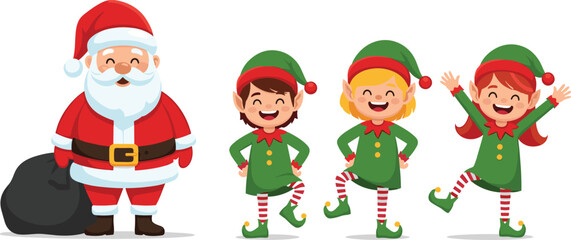 Santa Claus standing with cheerful elves, Christmas cartoon illustration, holiday celebration, winter festive season, Christmas party, family fun, joyful holiday artwork